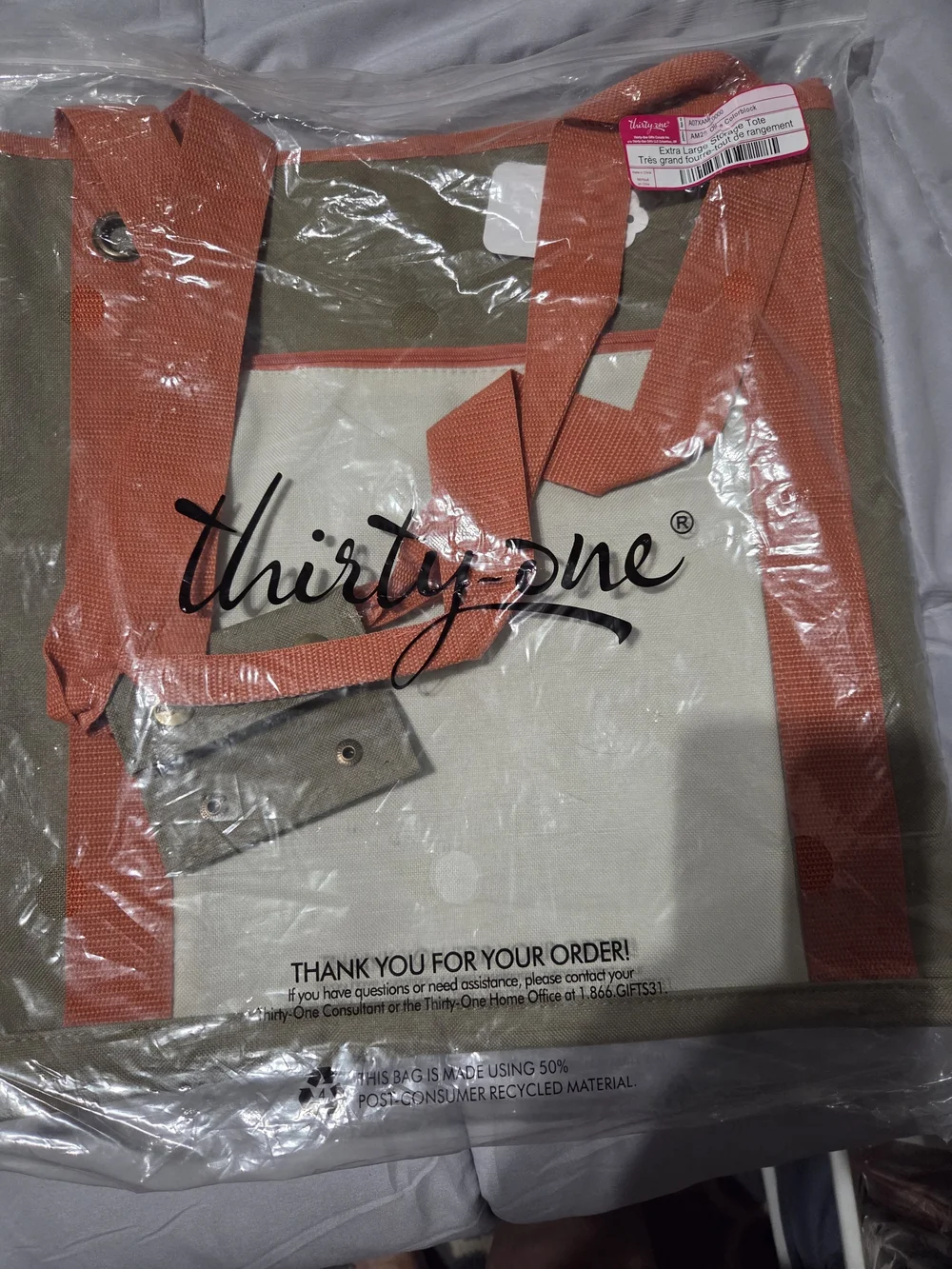 thirty-one Olive Storage Tote with Coral Trim